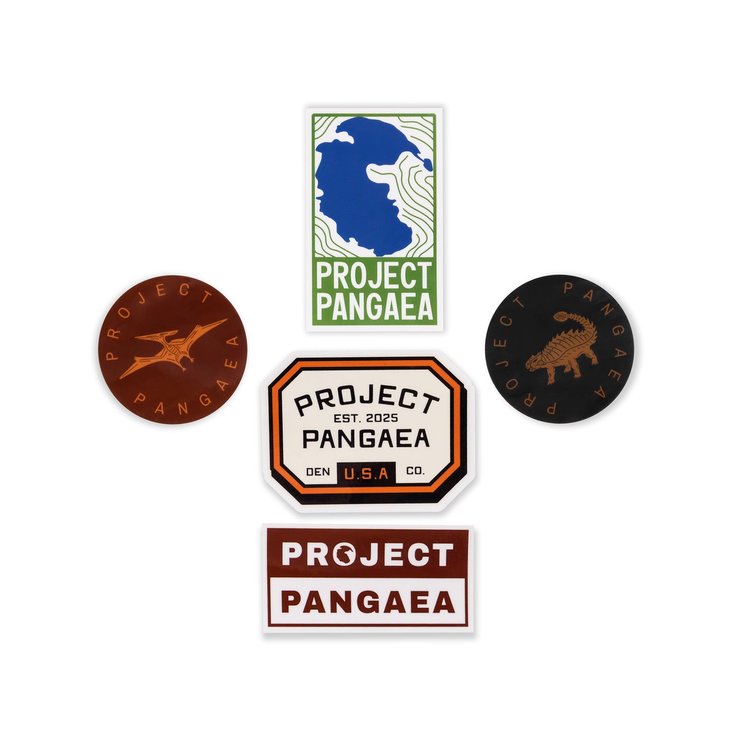 Project Pangaea Sticker pack 5 stickers
Project Pangaea topography map in blue and green, red and orange sticker with a pteranodon, Project pangaea text sticker, patch design sticker with Project Pangaea Est 2025 Den CO USA, dark grey/green Project pangaea circle sticker with ankylosaurus in the middle.
prehistoric stickers, natural history stickers, fossil stickers, dinosaur stickers.