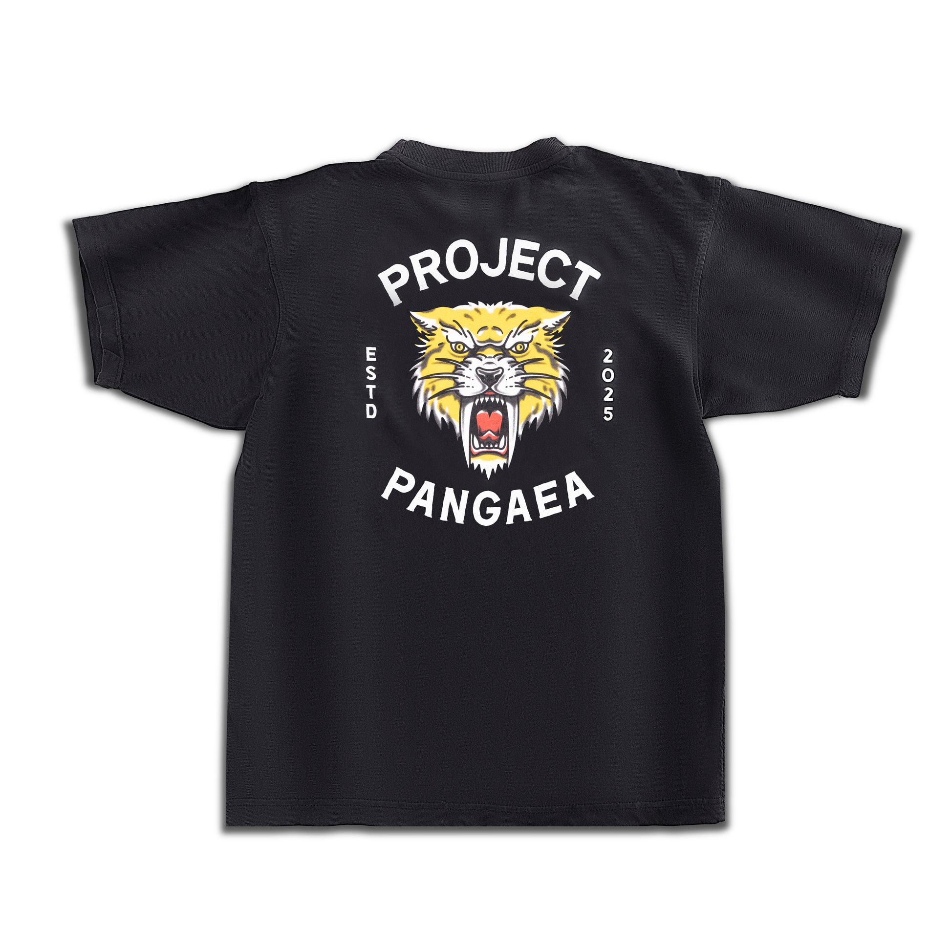 Back of Black 100% cotton shirt Sabertooth Tiger face in traditional tattoo style with "est 2025" on sides and "Project Pangaea" written above and below in white. 

heavy weight, high quality stylish sabertooth t-shirt. 
Smilodon t shirt, ice age t-shirt 
prehistoric t-shirt