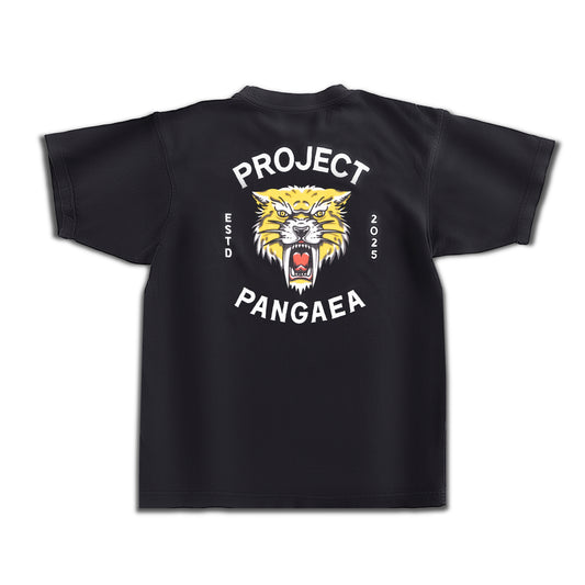 Back of Black 100% cotton shirt Sabertooth Tiger face in traditional tattoo style with "est 2025" on sides and "Project Pangaea" written above and below in white. 

heavy weight, high quality stylish sabertooth t-shirt. 
Smilodon t shirt, ice age t-shirt 
prehistoric t-shirt