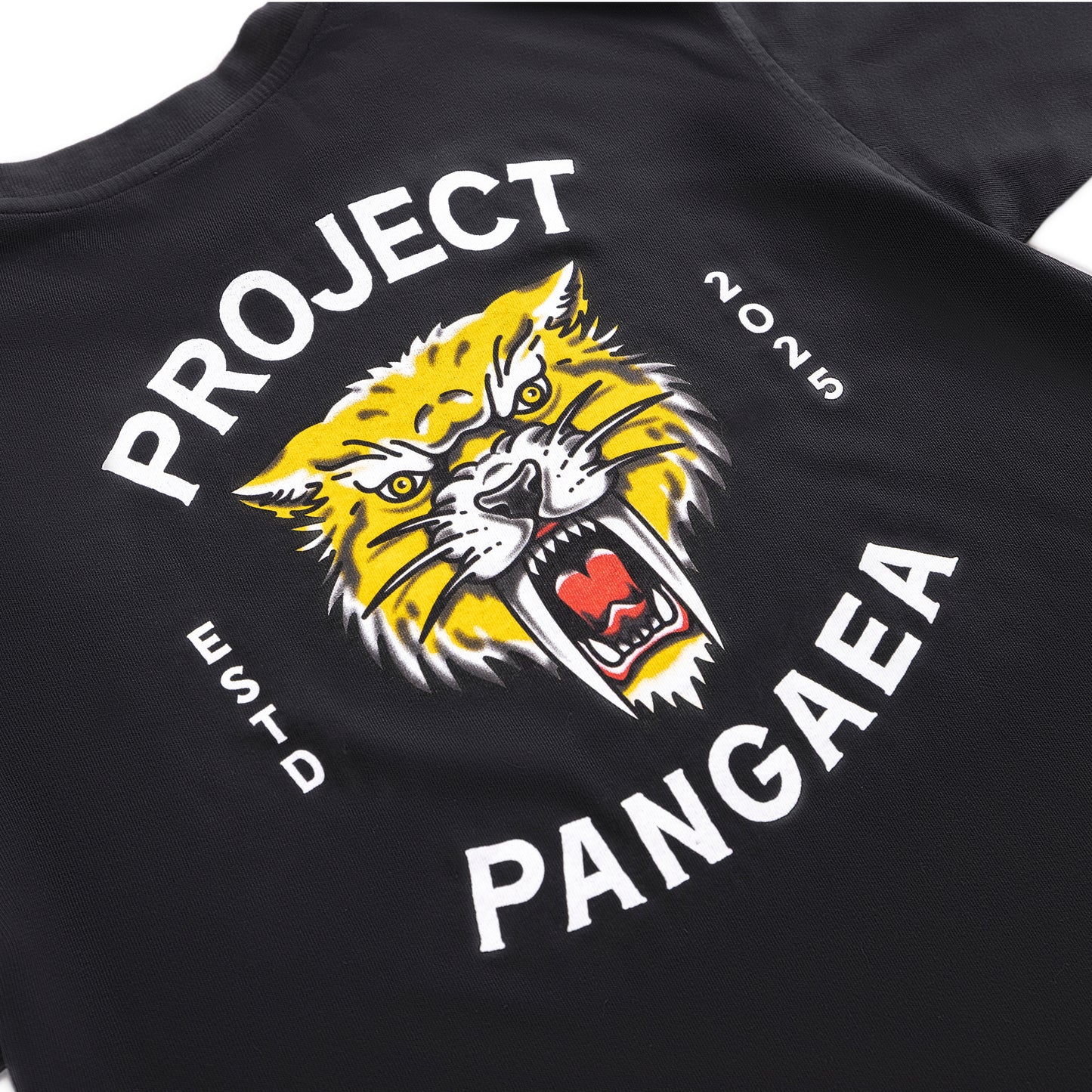 Zoomed in Back of Black 100% cotton shirt Sabertooth Tiger face with "est 2025" on sides and "Project Pangaea" written above and below in white. 

heavy weight, high quality stylish sabertooth t-shirt. 
Smilodon t shirt, ice age t-shirt 
prehistoric t-shirt