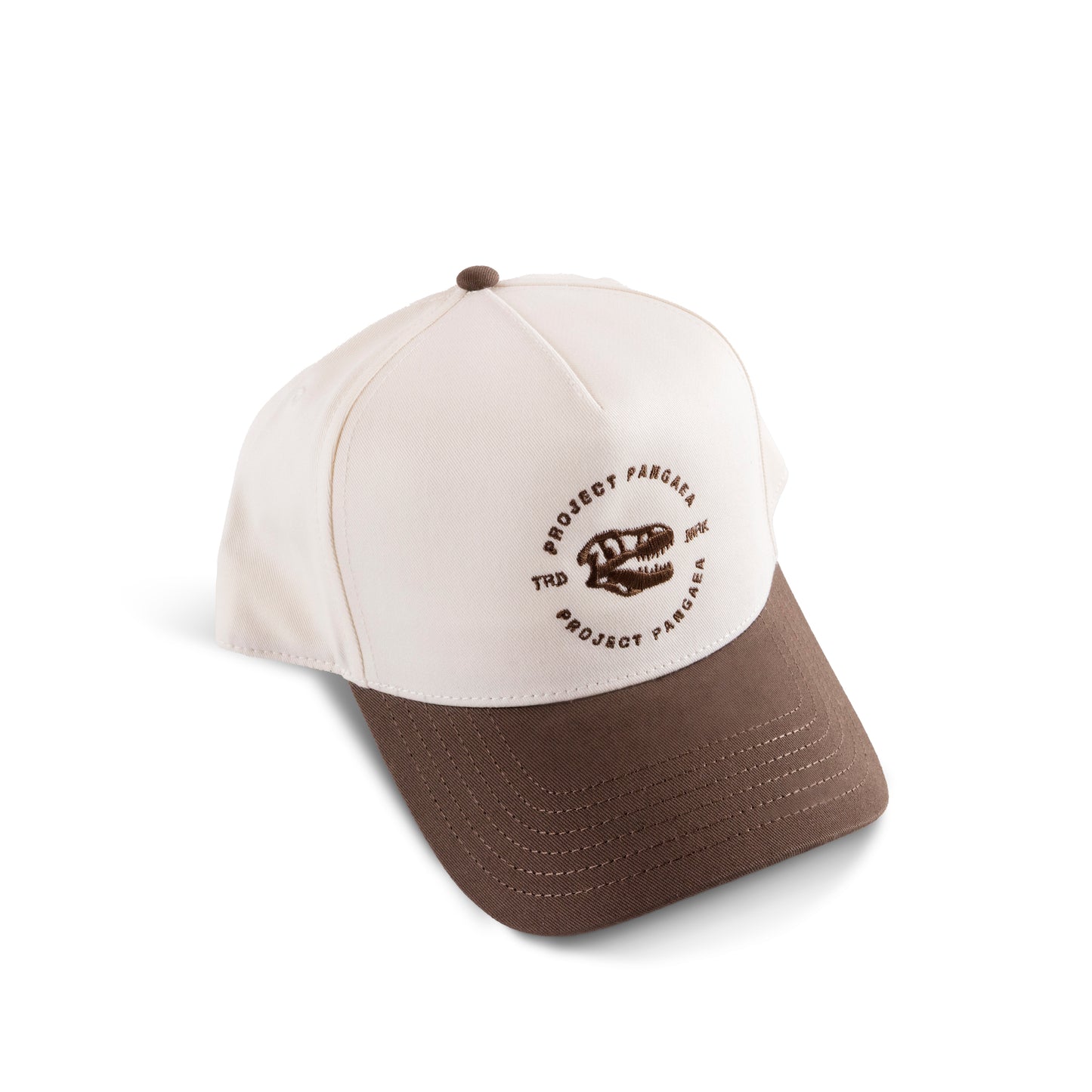 t-rex hat / T. Rex hat
100% cotton hat with curved peak. 
Embroidered Tyrannosaurus rex skull design with Project Pangaea stitched above and below T. Rex skull. TRD MRK written on the sides. Brown bill. cream cap. 

high quality t-rex skull hat