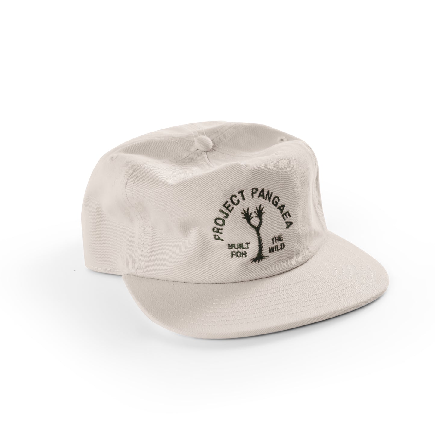 Beige cap with 'Project Pangaea Built for the Wild' text on a white background. 
Sigillaria tree stitched on flat brimmed cotton hat. 
Nature hat, outdoor hat, high quality cotton flat peak hat, soft hat, prehistoric hat, paleontology hat 