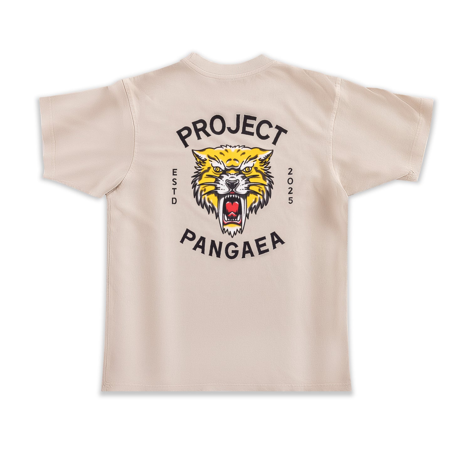 Tan of Black 100% cotton shirt Sabertooth Tiger face with "est 2025" on sides and "Project Pangaea" written above and below in black. 

heavy weight, high quality stylish sabertooth t-shirt. 
Smilodon t shirt, ice age t-shirt 
prehistoric t-shirt