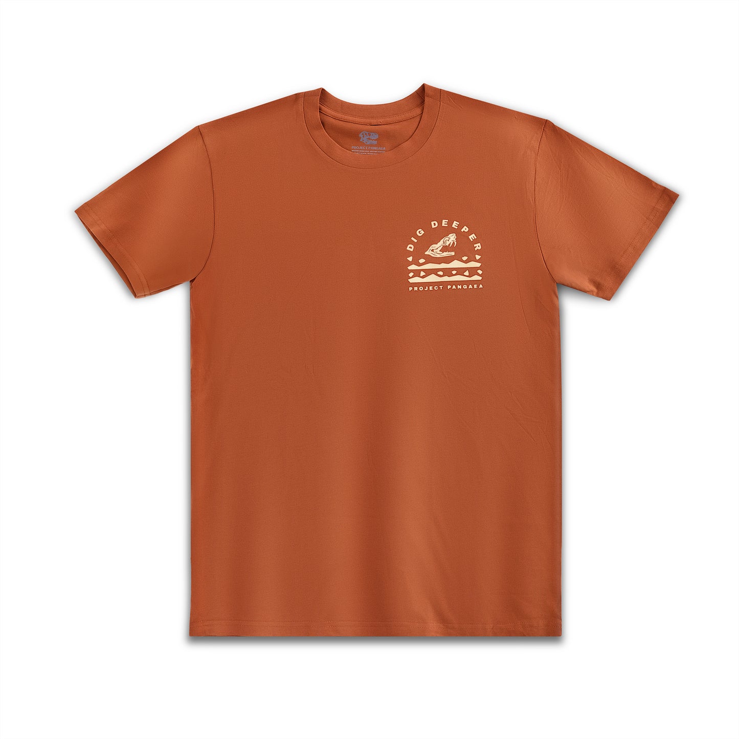 Rust orange fossil layer t-shirt with yellow print.  Light-weight cotton prehistoric tee. 

Dig Deeper text above Paraceratherium skull, and Project Pangaea written underneath. 

natural history t shirt, fossil t shirt