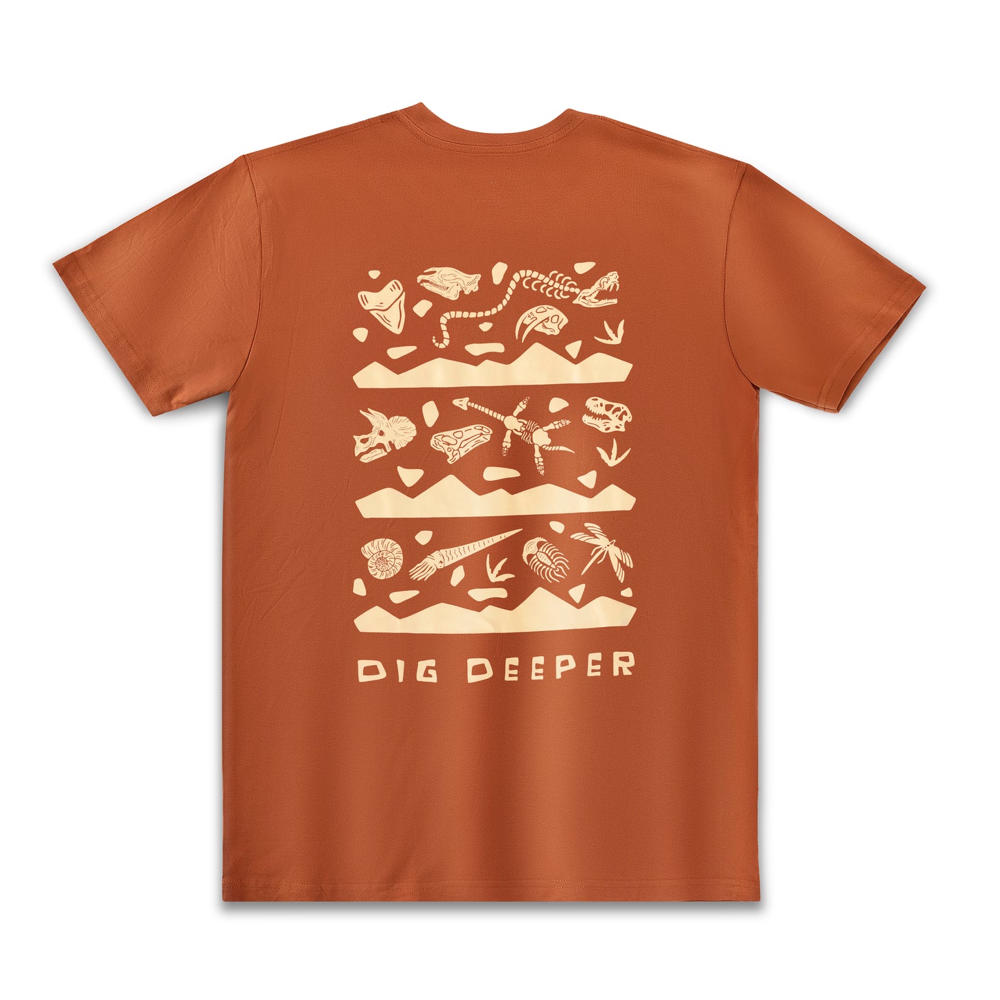 Rust orange fossil layer t-shirt with cream fossils. Light-weight cotton prehistoric tee. 

Top Layer - Paleozoic Era
Fossils: Megalodon tooth, Paraceratherium skull, Titanoboa body, and Smilodon skull

Middle Layer- Mesozoic Era
Fossils: Triceratops skull, Iguanodon skull, Plesiosaurus body, Tyrannosaurus rex (T. Rex.) Skull

Bottom Layer- Cenozoic Era 
Fossils: Ammonite, Orthocera, Trilobite, Meganeura

"Dig Deeper" written on the bottom. 