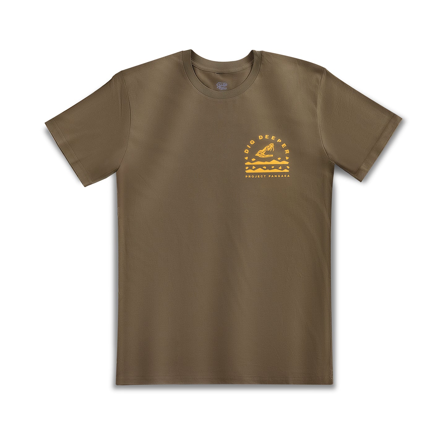 Green fossil layer t-shirt with yellow print.  Light-weight cotton prehistoric tee. 

Dig Deeper text above Paraceratherium skull, and Project Pangaea written underneath. 

natural history t shirt, fossil t shirt