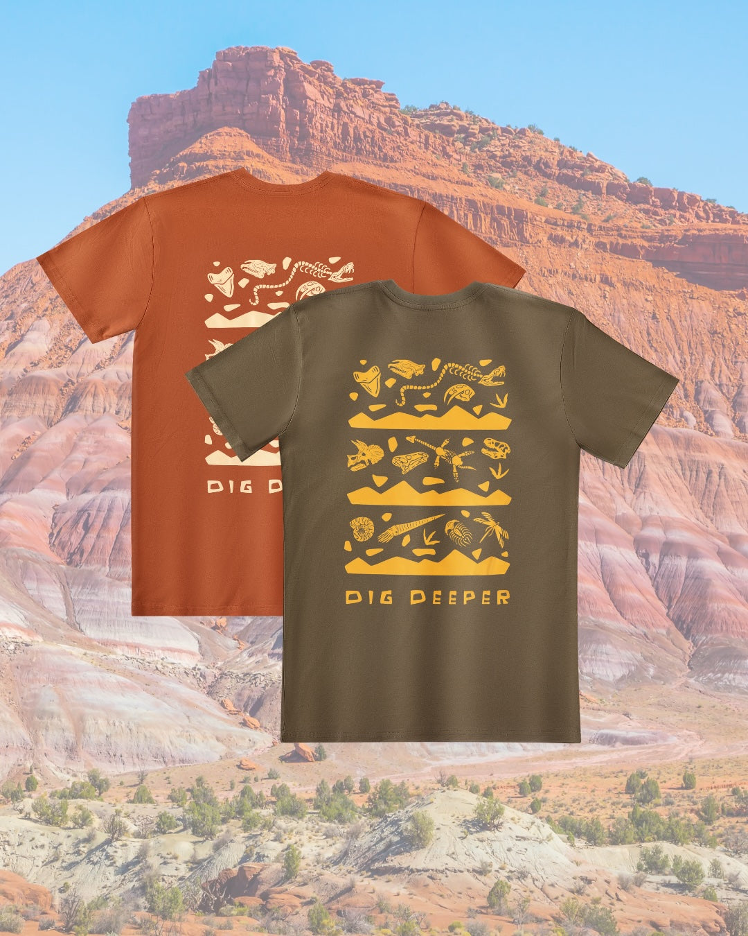 Green and rust orange fossil layer t-shirt for men and women. unisex Light-weight cotton prehistoric fossil t-shirt. 

Top Layer - Paleozoic Era
Fossils: Megalodon tooth, Paraceratherium skull, Titanoboa body, and Smilodon skull

Middle Layer- Mesozoic Era
Fossils: Triceratops skull, Iguanodon skull, Plesiosaurus body, Tyrannosaurus rex (T. Rex.) Skull

Bottom Layer- Cenozoic Era 
Fossils: Ammonite, Orthocera, Trilobite, Meganeura

"Dig Deeper" written on the bottom. 

Earth nature photo in background