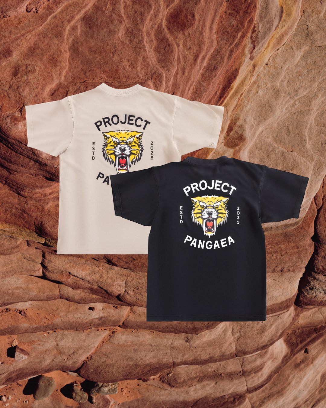 Smilodon tshirt, sabertooth tiger t-shirt, tan and black 100% cotton box fit tee, Project pangaea text with sabertooth tiger in a traditional tattoo style art in the center to showcase prehistoric inspired clothing collection. clothing for men. 