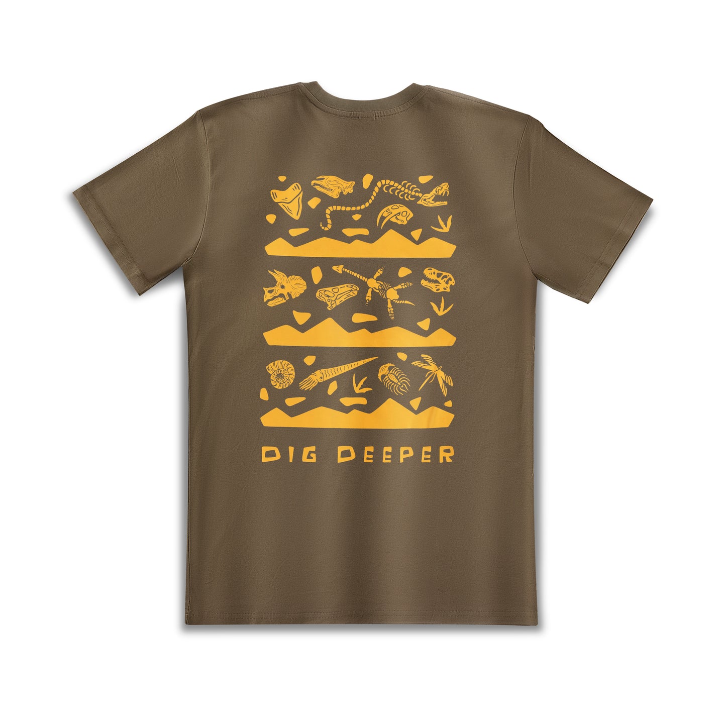 Green fossil layer t-shirt with yellow fossils. Light-weight cotton prehistoric tee. 

Top Layer - Paleozoic Era
Fossils: Megalodon tooth, Paraceratherium skull, Titanoboa body, and Smilodon skull

Middle Layer- Mesozoic Era
Fossils: Triceratops skull, Iguanodon skull, Plesiosaurus body, Tyrannosaurus rex (T. Rex.) Skull

Bottom Layer- Cenozoic Era 
Fossils: Ammonite, Orthocera, Trilobite, Meganeura

"Dig Deeper" written on the bottom. 