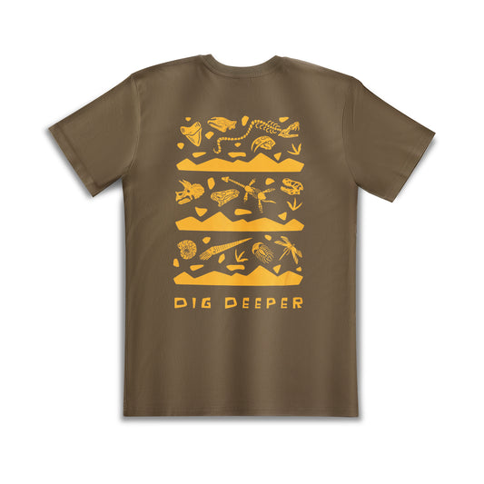Green fossil layer t-shirt with yellow fossils. Light-weight cotton prehistoric tee. 

Top Layer - Paleozoic Era
Fossils: Megalodon tooth, Paraceratherium skull, Titanoboa body, and Smilodon skull

Middle Layer- Mesozoic Era
Fossils: Triceratops skull, Iguanodon skull, Plesiosaurus body, Tyrannosaurus rex (T. Rex.) Skull

Bottom Layer- Cenozoic Era 
Fossils: Ammonite, Orthocera, Trilobite, Meganeura

"Dig Deeper" written on the bottom. 